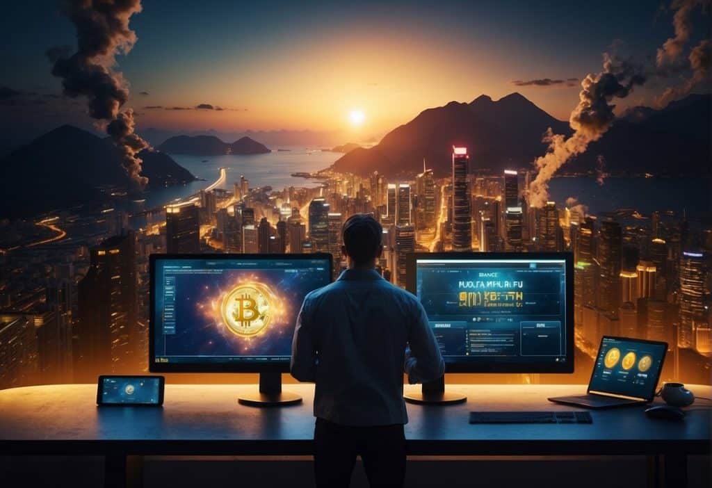 Two platforms, Binance and Kraken, displayed side by side with various additional services and products, such as trading options and cryptocurrency offerings