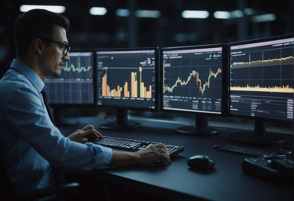 Multiple digital currency charts and graphs displayed on computer screens, with traders analyzing data and making transactions on the Binance trading platform