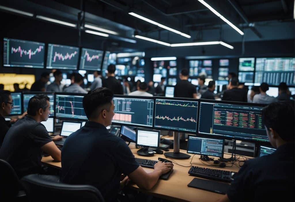 A bustling trading floor with diverse individuals engaged in investment activities on computer screens, with the Binance logo prominently displayed