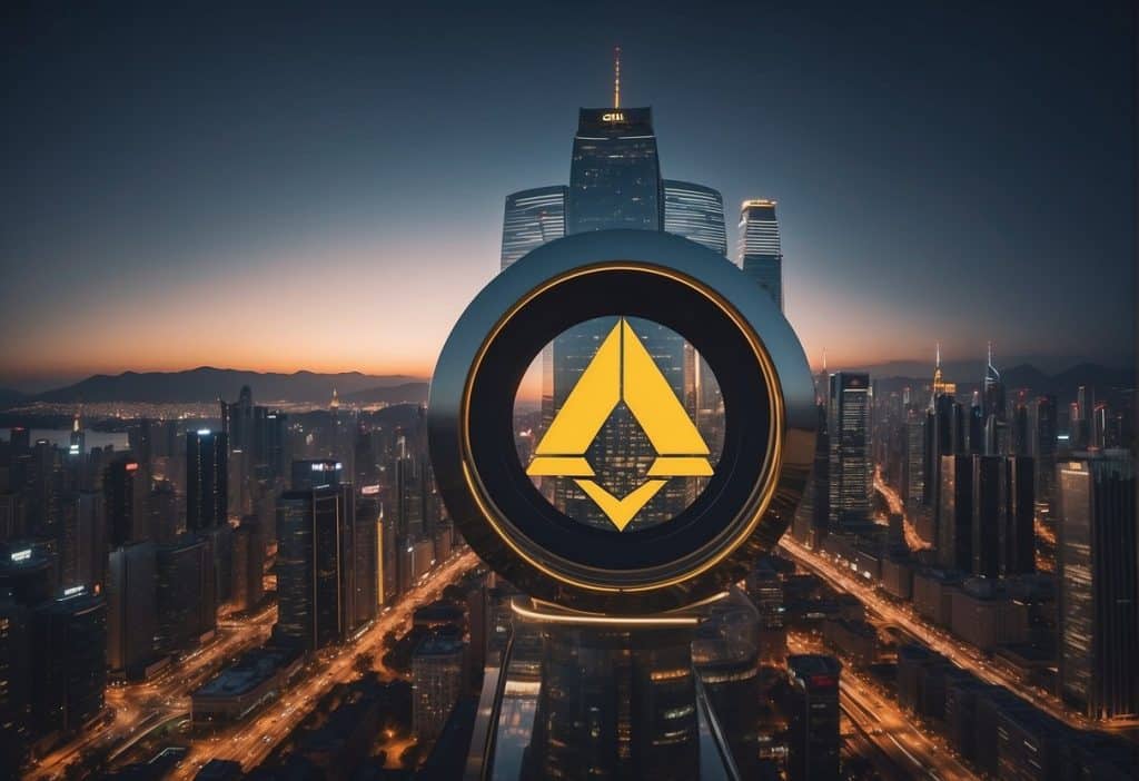 A grand, futuristic building with the CZ Binance logo prominently displayed, surrounded by a bustling financial district