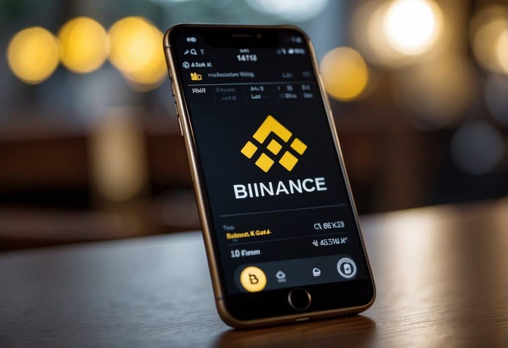 A smartphone displaying the Binance mobile app with a wallet address visible on the screen