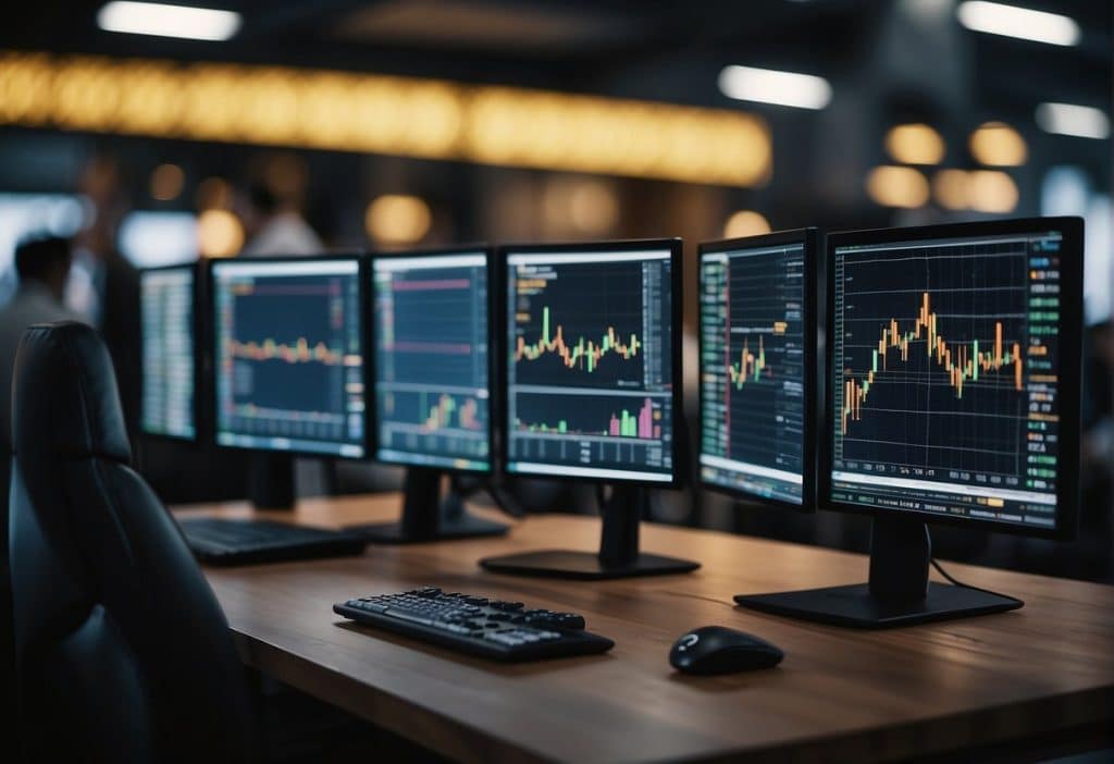 A bustling market with financial charts and indicators displayed on screens, showing Binance funding rates. Traders are analyzing data and making decisions