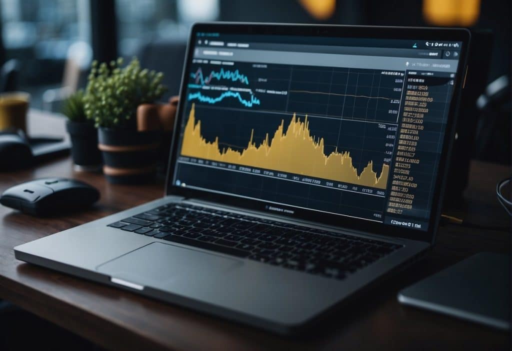 A bustling cryptocurrency exchange with charts, graphs, and trading tools. The Binance funding rate fluctuates on the screen