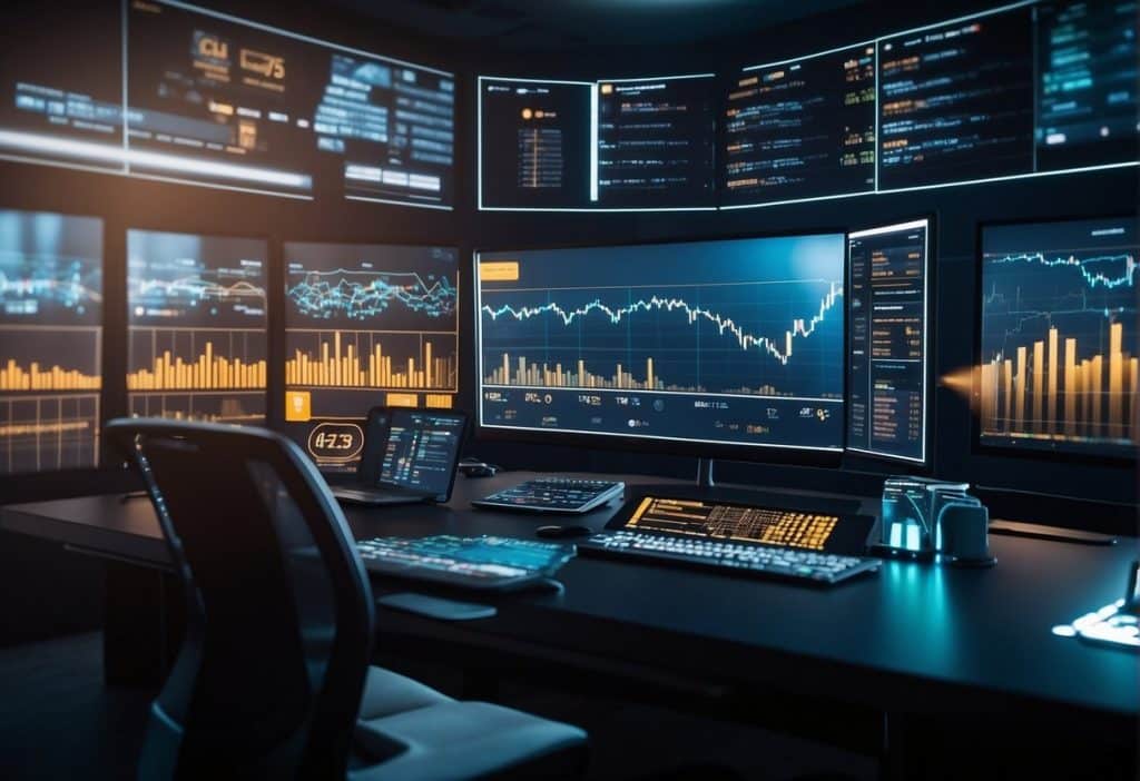 A bustling cryptocurrency exchange with multiple trading pairs and a sleek, modern interface. Multiple charts and graphs display real-time market data