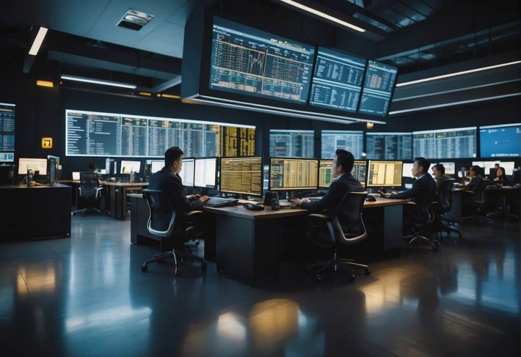 A bustling trading floor at Binance headquarters, with digital screens displaying real-time market data and executives in deep discussion