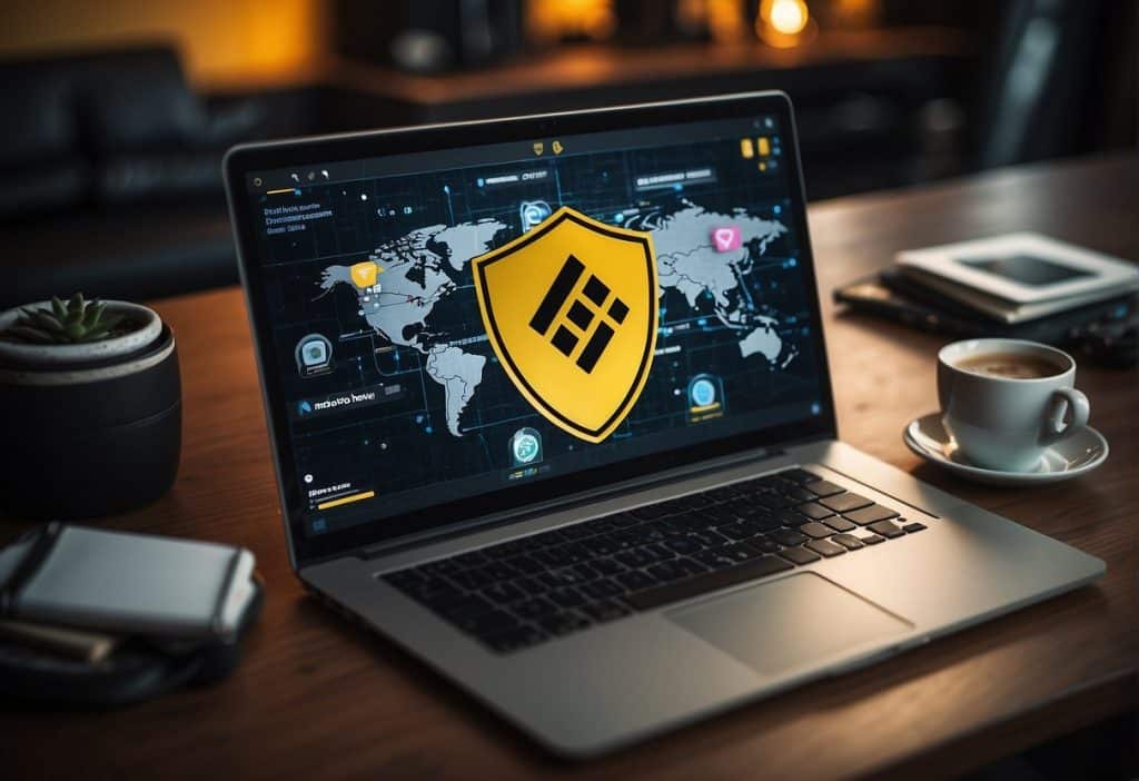 A laptop with Binance platform open, surrounded by secure network symbols and a shield, representing the best VPN for Binance
