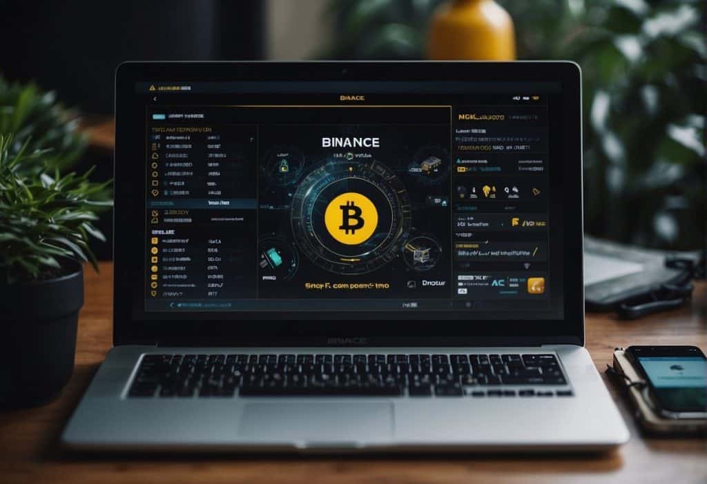 A computer screen with the Binance website open, surrounded by various VPN logos and a list of frequently asked questions