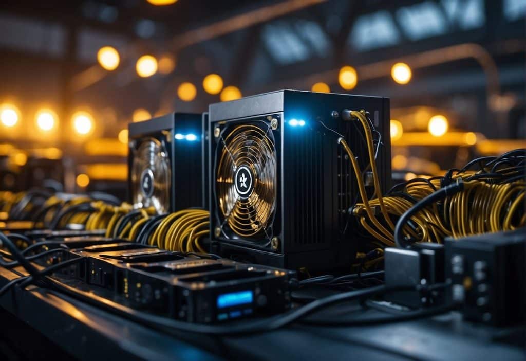 A group of mining rigs hum with activity, surrounded by cooling fans and blinking lights, as they work to process cryptocurrency transactions for Binance