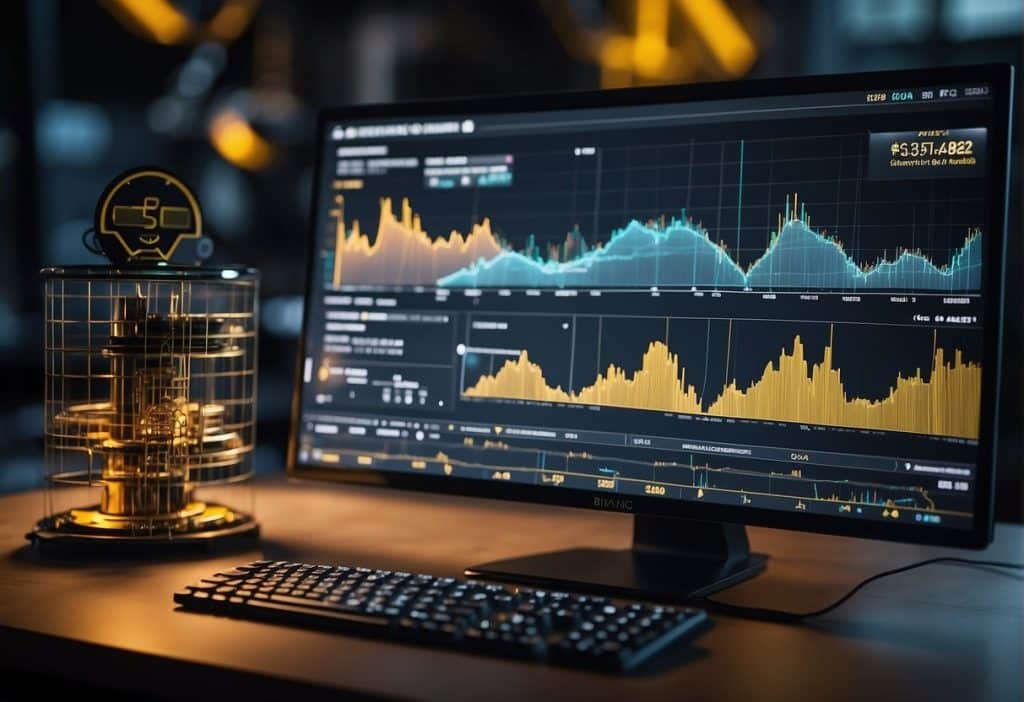A computer screen displays the Binance Mining interface with a graph showing mining activity, while a mining rig hums in the background