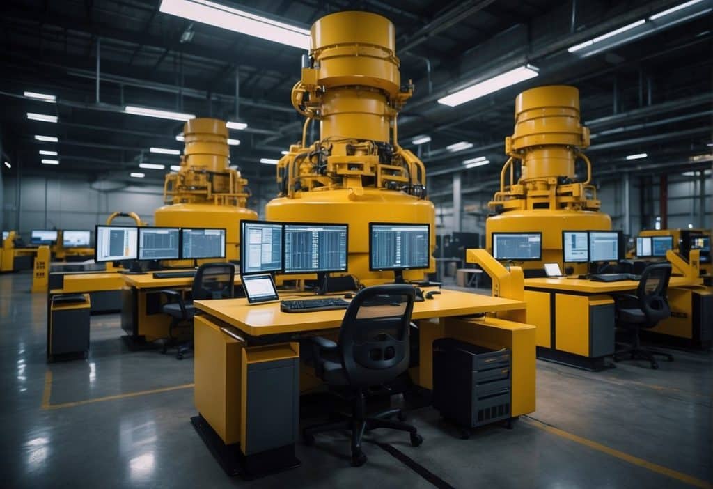 A large mining facility with advanced technology and machinery, operated by Binance Mining. High-tech equipment and computer systems in a spacious, industrial setting