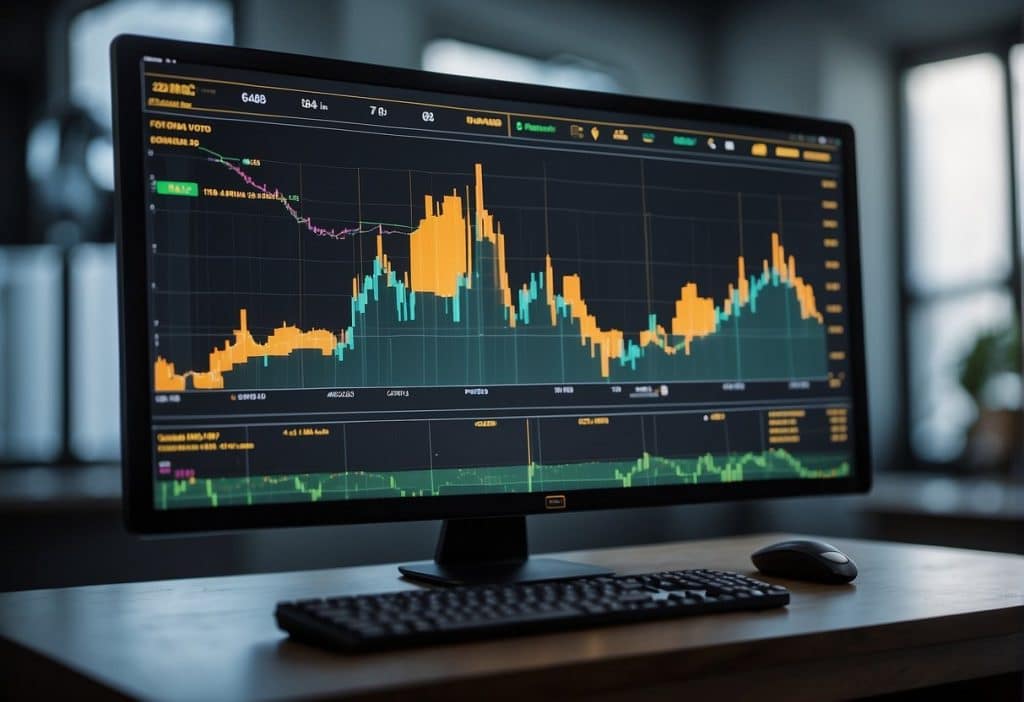 A computer screen displays Binance Mining rewards and earnings with colorful charts and graphs. Multiple mining rigs hum in the background, generating cryptocurrency