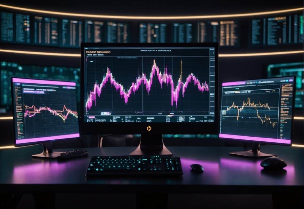 A computer screen displays Binance trading charts, while a mining rig hums in the background. The room is filled with the soft glow of computer monitors and the sound of fans whirring