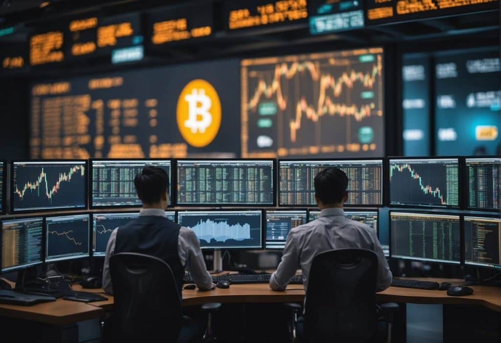 The bustling trading floors of Binance and KuCoin, with rows of computer screens and traders analyzing charts, surrounded by flashing numbers and graphs