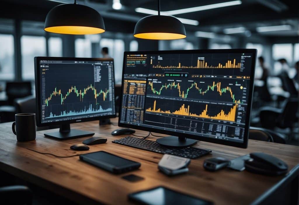 A bustling cryptocurrency exchange with Binance's logo prominently displayed, surrounded by charts and graphs representing its impact on the industry