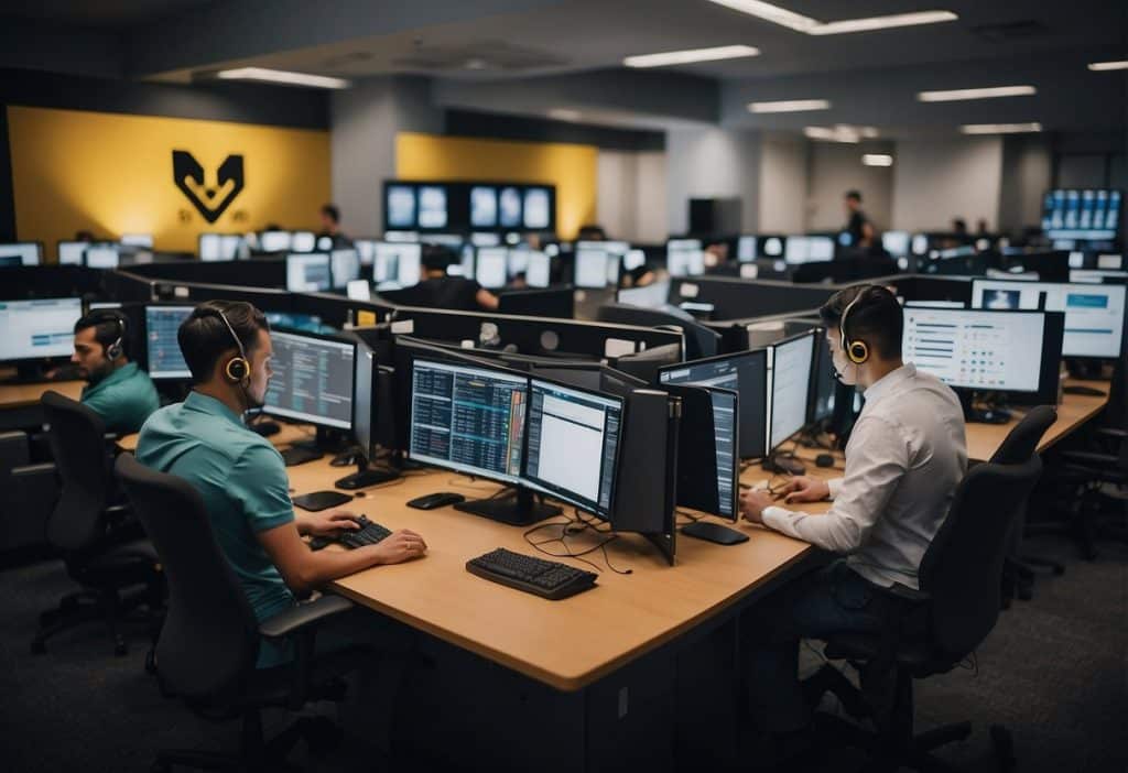 A busy call center with employees assisting customers on the phone and computer screens displaying Binance and KuCoin logos