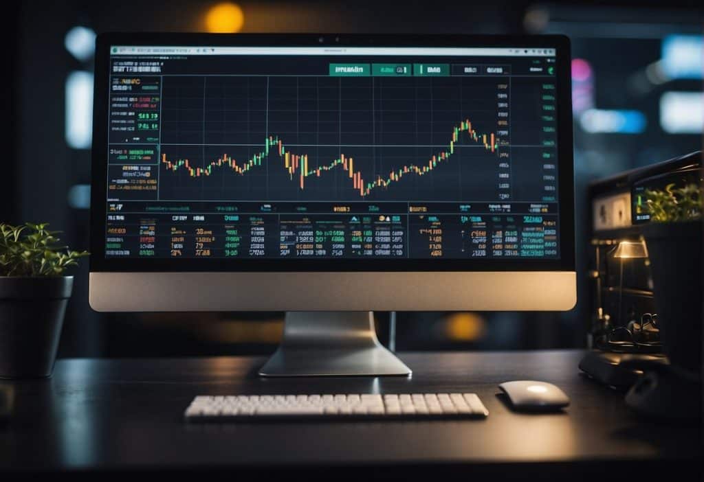 A computer screen displays Binance Margin Trading interface with various charts, graphs, and trading options