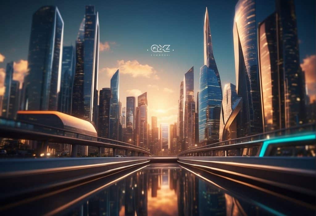 A vibrant, futuristic cityscape with CZ's personal brand and vision prominently displayed, symbolizing growth and success