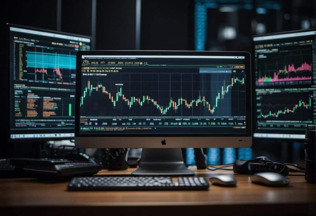 A computer screen displaying Binance Margin Trading with fluctuating charts, risk indicators, and protective measures