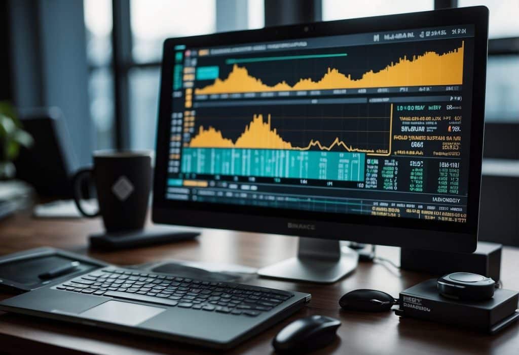 A computer screen displays Binance margin trading interface with charts, order books, and trading pairs. A calculator and financial documents sit on the desk