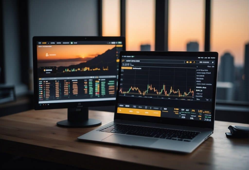 A computer screen displaying Binance Margin Trading account types with charts and trading options