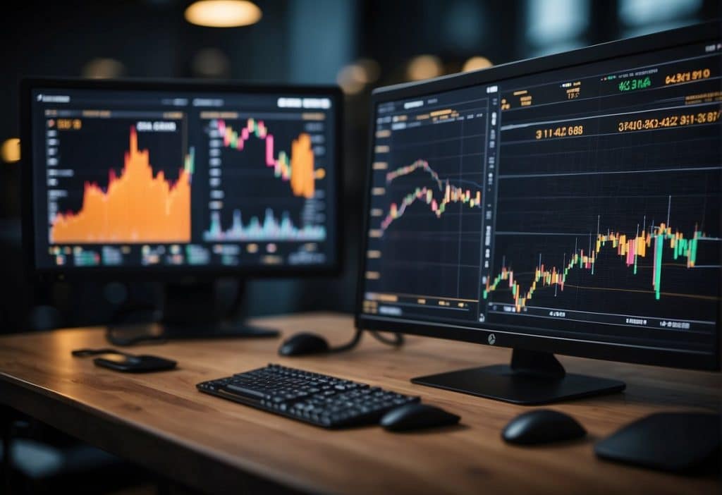 A computer screen displays multiple trading charts and data on the Binance Testnet platform, with various indicators and strategies being optimized for trading
