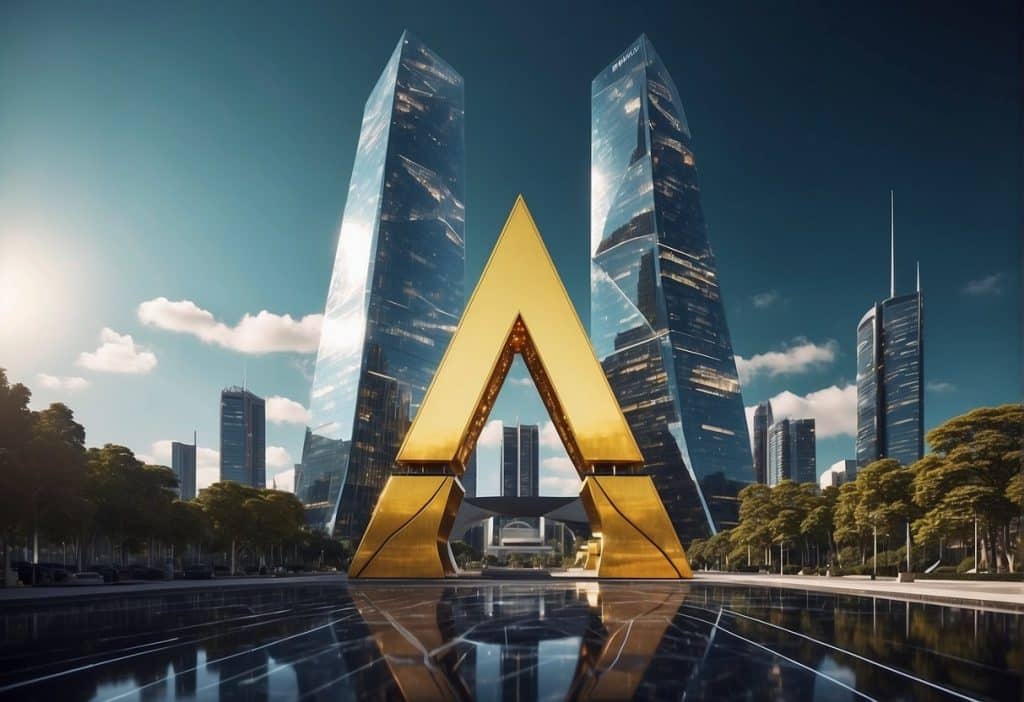 A futuristic cityscape with Binance headquarters towering above, surrounded by advanced technology and digital currency symbols
