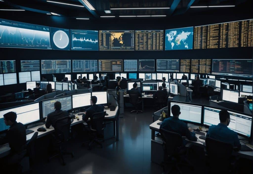 A bustling trading floor with digital screens showing live market data, traders analyzing charts, and a prominent Binance Academy logo