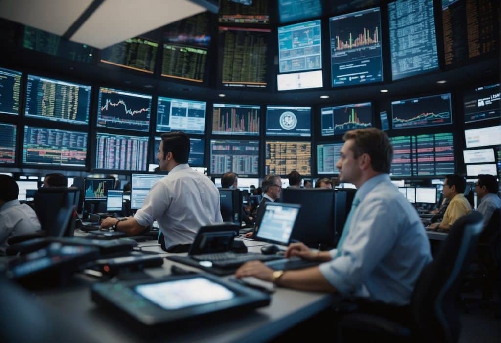 A bustling trading floor with digital screens displaying real-time market data, traders engaged in conversations, and a sense of urgency in the air