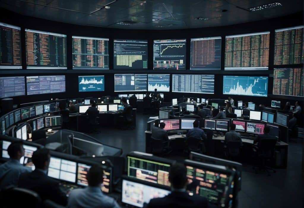A bustling trading floor with screens displaying real-time market data, traders communicating and analyzing charts, and a sense of urgency in the air