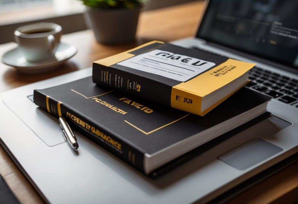A stack of FAQ documents with "Frequently Asked Questions CZ Binance Net Worth" printed on the cover, surrounded by a laptop and pen