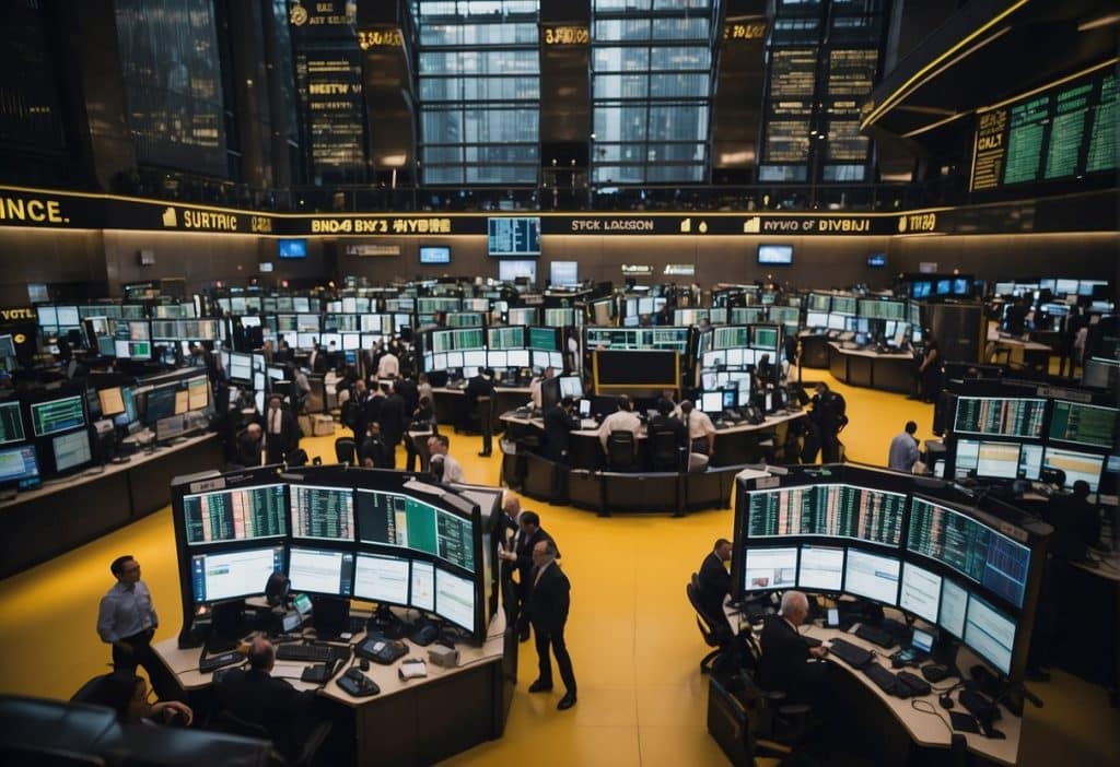 The bustling floor of a stock exchange, filled with traders and analysts, as data streams across digital screens displaying market insights for Binance Institutional