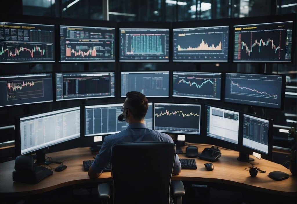 A bustling trading floor with multiple screens and charts, traders executing orders, and a team structuring deals at Binance Institutional