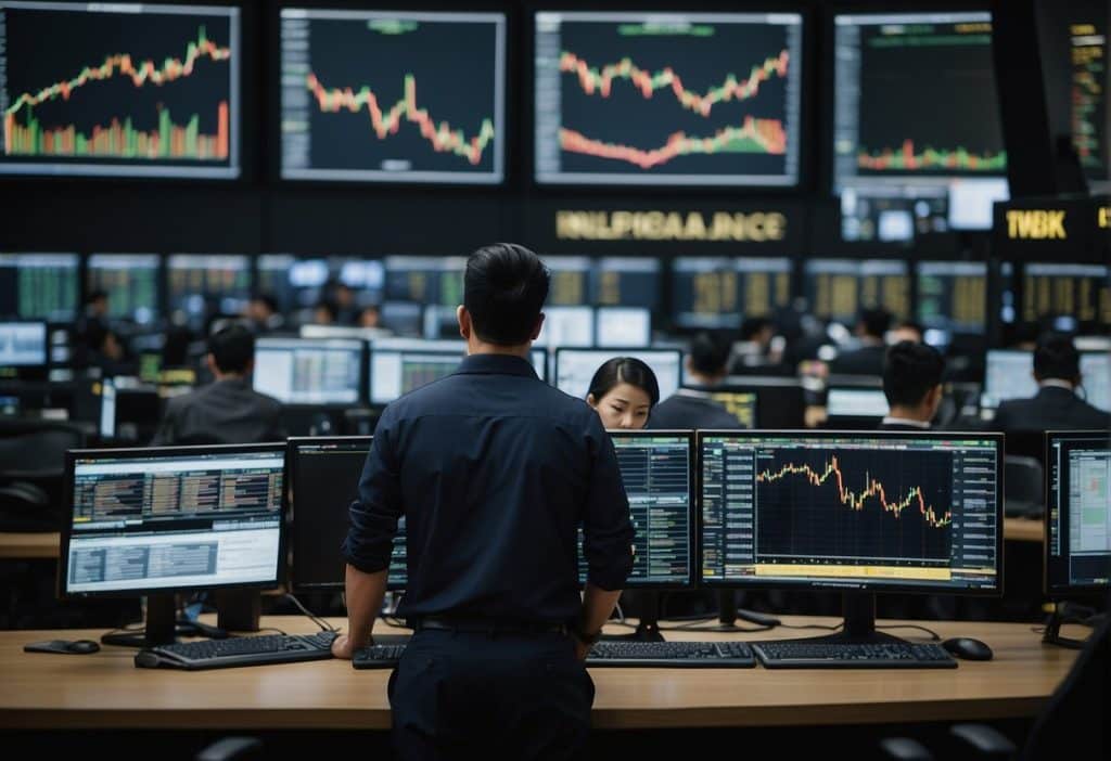 A bustling trading floor at Binance Institutional, with traders from around the world engaging in high-stakes transactions. Multiple screens display real-time market data, while staff members move swiftly to facilitate the trades