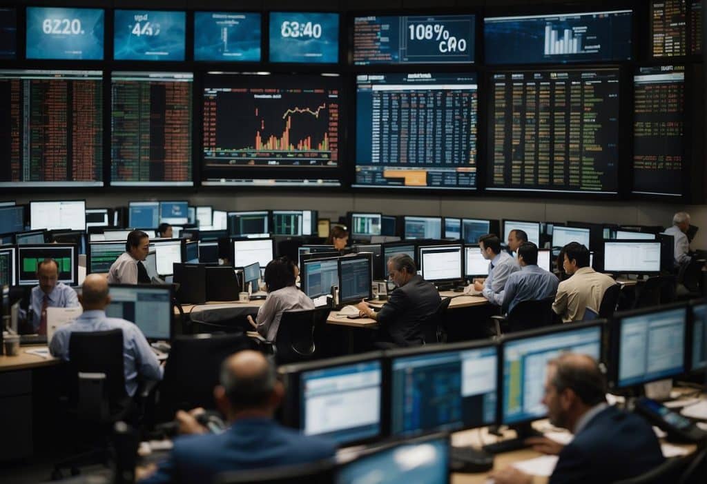 A bustling trading floor with professionals interacting with clients, analyzing data, and executing trades. The atmosphere is dynamic and fast-paced, with a focus on meeting the needs of institutional clients