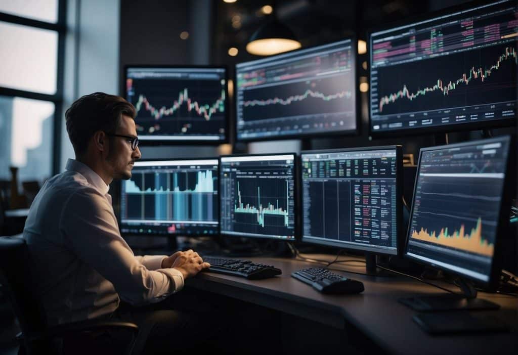 Traders analyzing charts and statistics on computer screens, with Binance Copy Trading platform open in the background