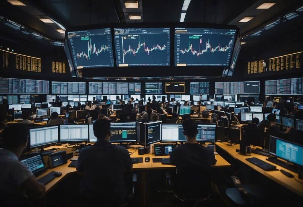 A crowded trading floor, with Binance and Bybit logos prominently displayed on opposing screens, as traders eagerly watch the fluctuating market charts