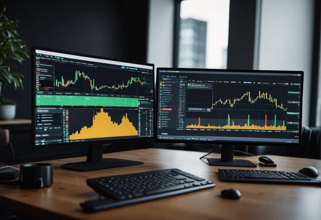 Two computer screens side by side, one showing the Binance trading platform and the other showing the eToro platform. Charts, graphs, and trading tools are visible on both screens
