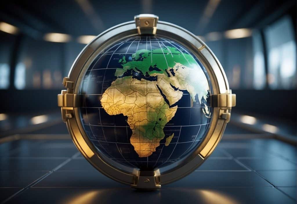A globe with highlighted restricted countries surrounded by a lock symbol. A user interface with clear trust indicators and security features