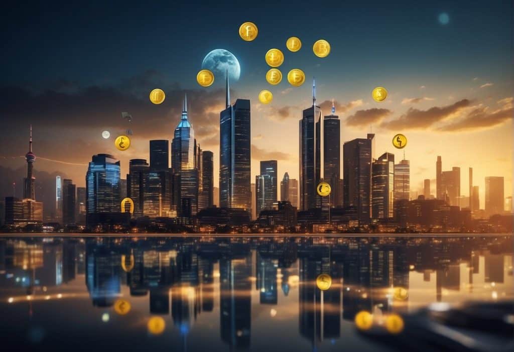 The scene depicts a futuristic city skyline with the Binance logo prominently displayed, surrounded by digital currency symbols and charts