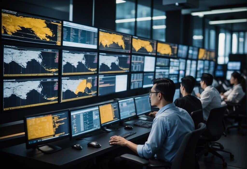 A bustling trading floor with digital screens and busy traders managing Binance loan collateral