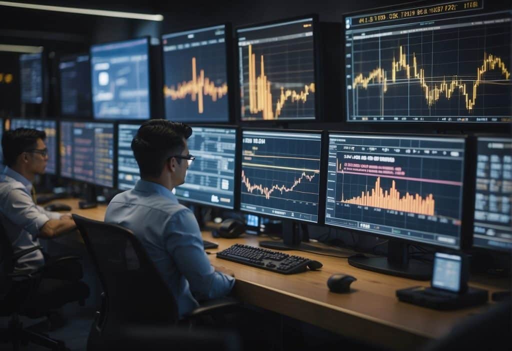 A bustling trading floor with digital screens displaying Binance Loan data. Traders are engaged in discussions, while others analyze charts and graphs