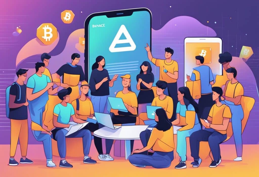 A group of people eagerly sharing their Binance.US referral code with friends, while discussing the program details