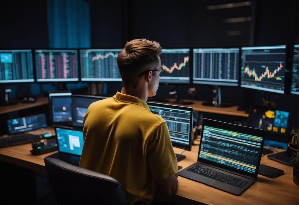 A person checking multiple screens for current Binance conversion rates
