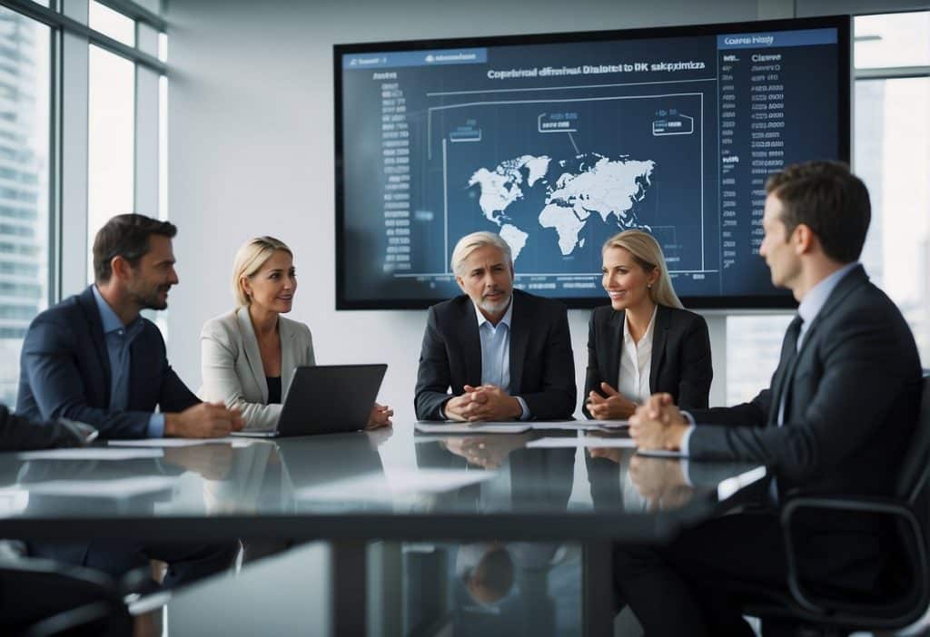 A group of executives sit around a conference table, engaged in a lively discussion, while a chart on the wall displays financial data