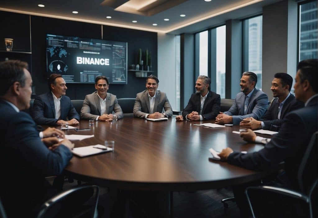 Binance leadership team in a boardroom meeting, discussing and answering frequently asked questions