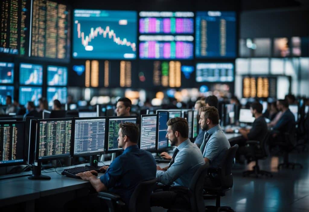 A bustling trading floor with digital screens displaying various cryptocurrency prices, traders communicating and making deals, and a sense of urgency and excitement in the air
