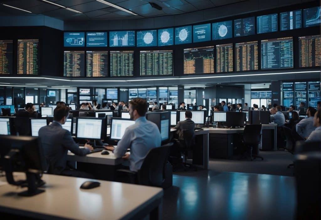 A bustling trading floor with digital screens displaying various cryptocurrency exchange rates, traders frantically making transactions, and a sense of excitement and anticipation in the air