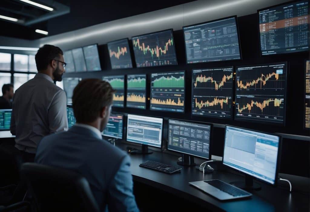 A bustling cryptocurrency exchange floor with diverse assets on display, traders engaged in lively discussions, and digital screens flashing real-time market data