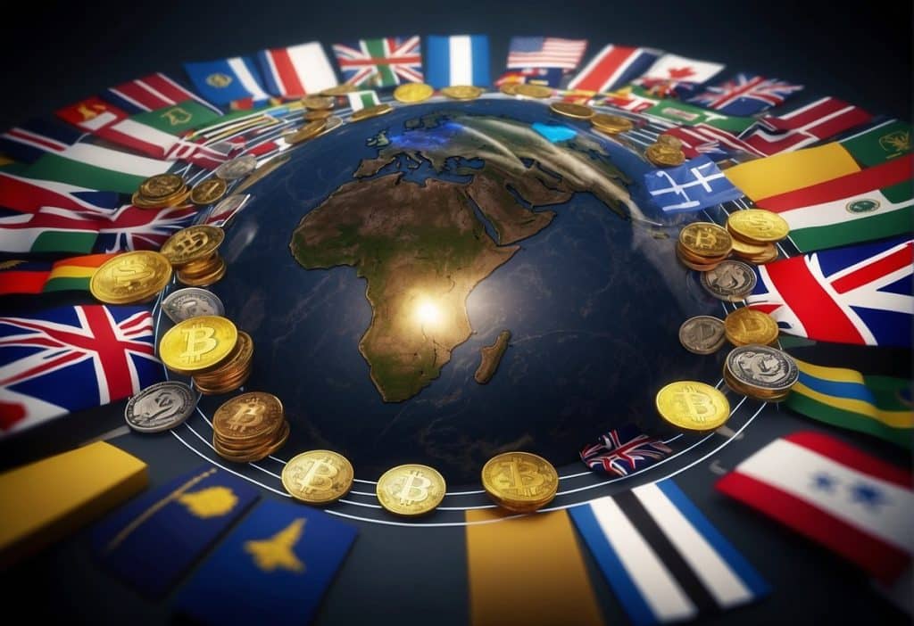 A diverse group of people from around the world engaging in cryptocurrency exchanges, with various national flags and symbols representing different jurisdictions