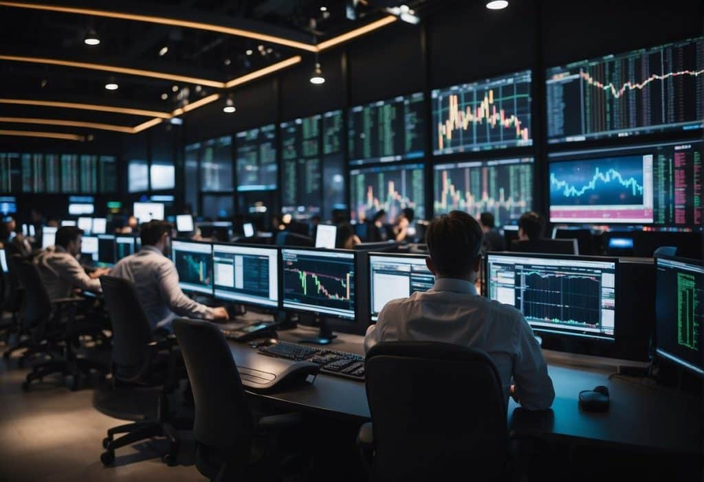 The bustling Binance trading floor buzzes with activity as traders eagerly buy and sell cryptocurrencies. Computer screens flash with real-time market data, while traders communicate through headsets and hand signals